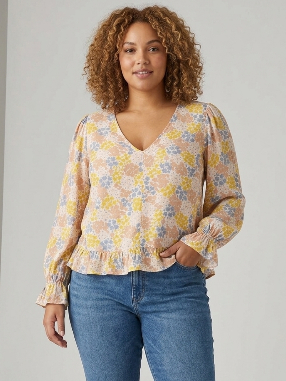 Lucky Brand Yellow Gray Ruffled Blouse